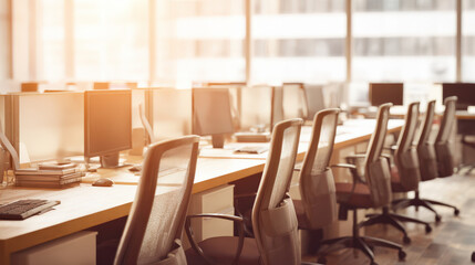 Empty office desk with vacant chairs and computers, symbolizing workforce layoffs and corporate downsizing, representing unemployment and economic challenges in modern workplace.
