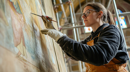 A conservation specialist on scaffolding meticulously restoring an ancient fresco inside a historical cathedral, using fine brushes and special pigments