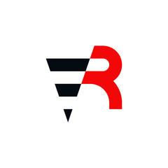 Letter "R" in red with a black shape resembling digging equipment.  suggests direction, industrial processes, potentially related to the mining and digging industry, or a brand with "R" initials