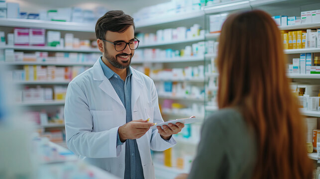 A professional pharmacist in a white coat standing behind a modern pharmacy counter, smiling while handing a prescription bag to a customer