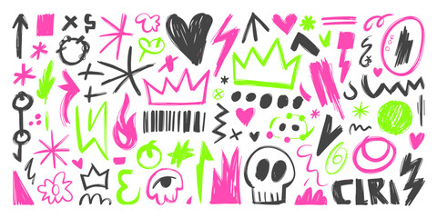Naklejka premium Hand-Drawn Doodle Collection with Abstract Symbols and Playful Elements 