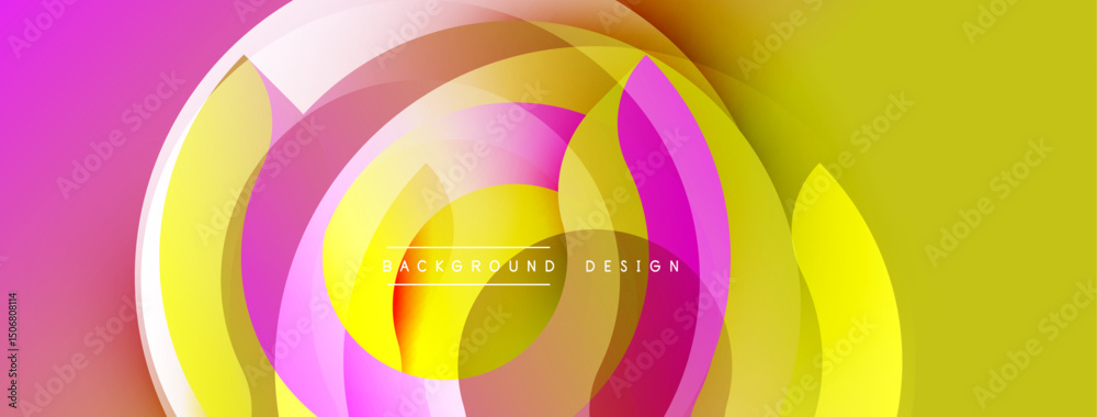 Poster Abstract colorful design. Concentric circles create dynamic visual effect. Yellow, pink hues dominate composition. Modern background element.