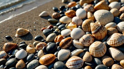 A collection of seashells and pebbles on the shore