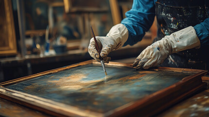 A professional art restorer carefully restoring an old oil painting, wearing protective gloves and using a fine brush, working in restoration studio with antique paintings in the background