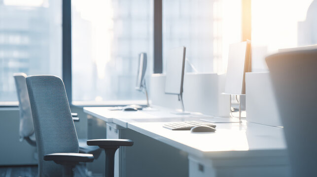 Empty office desk with vacant chairs and computers, symbolizing workforce layoffs and corporate downsizing, representing unemployment and economic challenges in modern workplace.