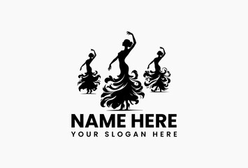 Beautiful vector silhouette of a dancing woman in a dynamic pose with an artistic flowing dress pattern