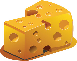 Piece of yellow swiss cheese with holes, isolated on white background