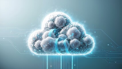 A conceptual image of a digital cloud with data streams