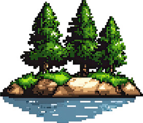 Pixel Art Trio of Pines on Secluded Island