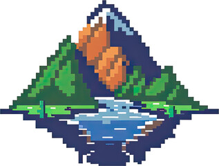 Pixel Art Mountain Landscape: Autumnal Peaks Reflecting in a Tranquil Lake