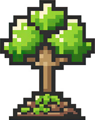 Obraz premium Pixel Art Lush Green Tree Sapling with Brown Trunk and Ground