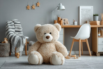 Modern Scandinavian playroom design featuring a cozy atmosphere with wooden accessories and playful decor