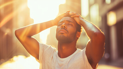 Young man suffering from extremely high temperature, heat stroke and dehydration on a street of a city. Heat waves, global warming and climate change concept