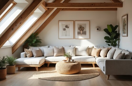 Upscale attic loft with modern furnishings. Cozy sitting area with a sectional sofa. Wooden beams, natural light, stylish decor, modern design. Contemporary residential interior.