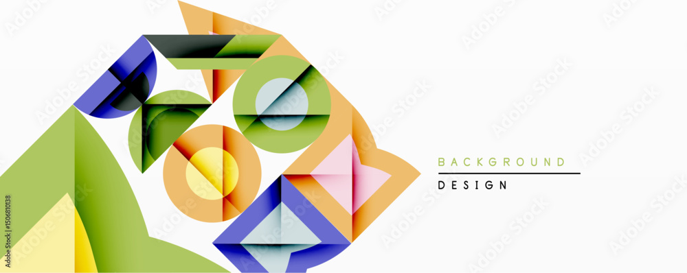 Poster Abstract geometric shapes overlap, creating dynamic composition. Colors include green, blue, orange, plus neutral tones. Modern design element for backgrounds or presentations.