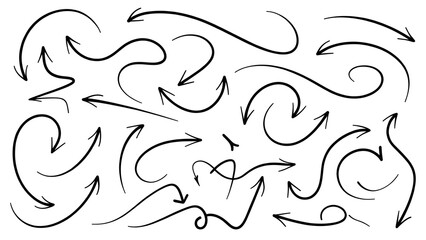 Stylized 3D Collection of Black Arrow Icons with Curved Flowing Designs for Direction and Navigation Representation