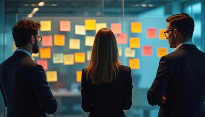 Business team brainstorming ideas near wall with sticky notes. Colleagues discuss strategy, project planning in modern office, workplace. Teamwork, communication, innovative solutions, corporate