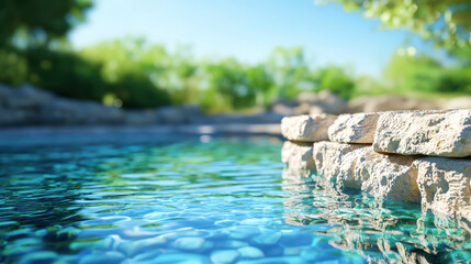Fototapeta premium Serene geothermal pool with clear blue water surrounded by natural greenery, creating peaceful atmosphere