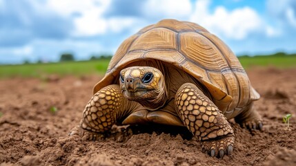 Fototapeta premium Close-up of a Tortoise Crawling on Soft Earth Under Clear Skies