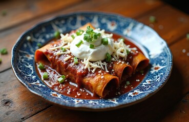 Chicken enchiladas in mole sauce. Rolled tortillas with chicken filling are covered in rich sauce. Traditional Mexican dish served with cheese, cream on rustic plate.