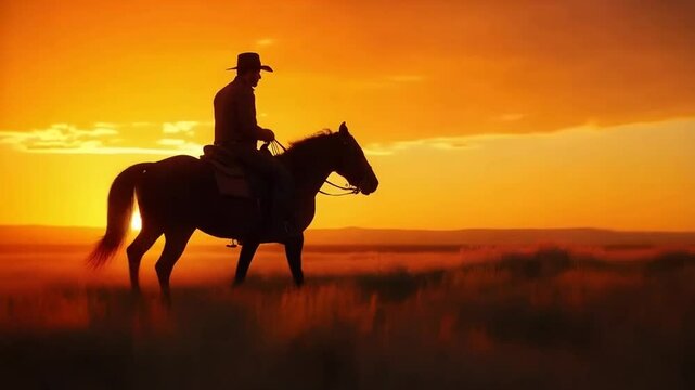 A gaucho riding a horse across the Argentinian pampas at sunset, silhouetted against the orange sky, tall grass swaying in the wind