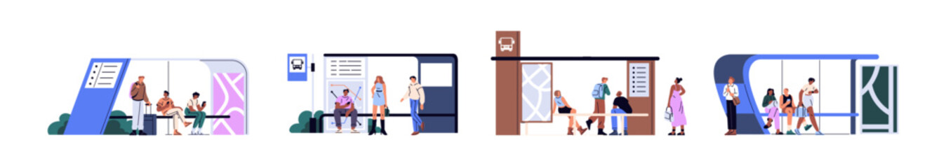 Set of urban bus stops. People are standing, sit on bench, waiting public transport. Passengers are in terminal stations of trolleybus, tramway. Flat isolated vector illustrations on white background © Paper Trident