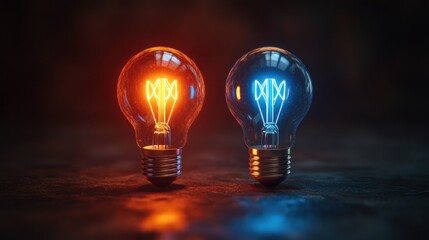 Two glowing light bulbs with contrast light