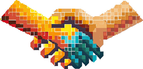 Pixelated clasped hands in vibrant colors.
