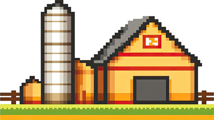 Pixelated farm buildings on a grassy plain.