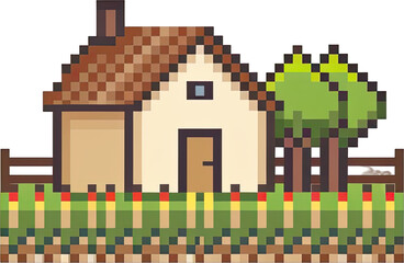 Pixelated rural scene with a small house and trees.