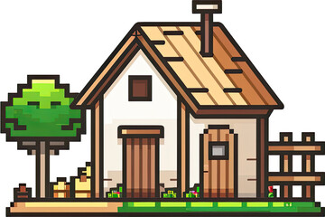 Pixelated illustration of a small house with a tree.
