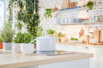 Obraz premium Bright and inviting home baking kitchen featuring white pot stove, surrounded by fresh herbs and plants, creating warm