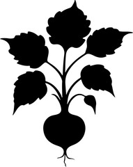 This is a black silhouette of a leafy plant with a bulb and root system.