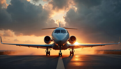 Business jet aircraft on runway prepares for takeoff. Luxurious travel, corporate transportation, executive flight. Private plane, modern aviation technology at sunset, dusk. High speed jet engine,