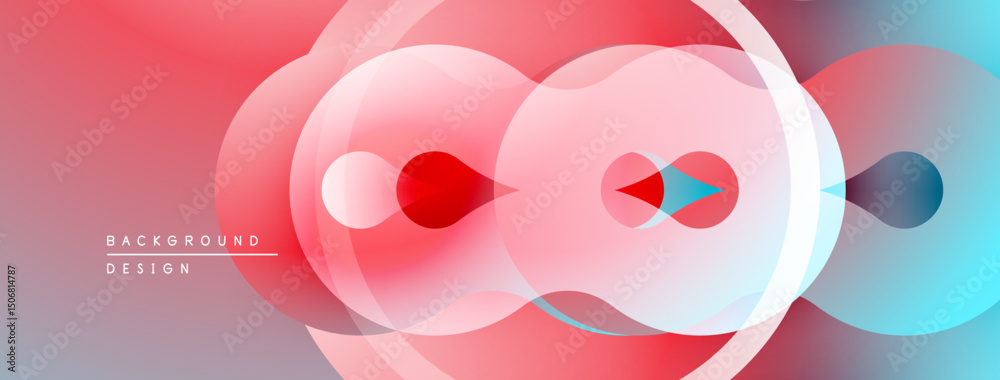 Poster Abstract design features overlapping translucent circles. Colors shift from red to blue, creating dynamic visual effect. Smooth gradients dominate composition.