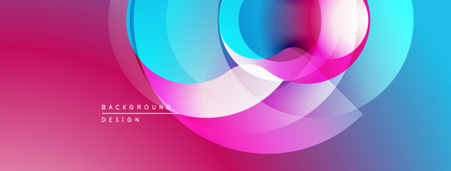 Abstract design features overlapping circles, vibrant pinks, blues. Gradient colors create dynamic visual effect. Modern background texture.