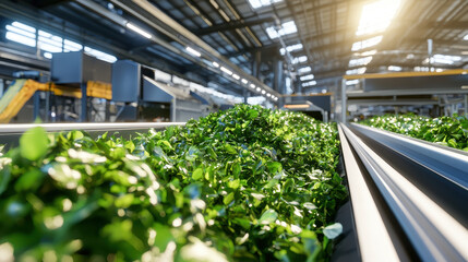 Photorealistic image of recycling plant showcasing lush green foliage modern facility, emphasizing sustainability