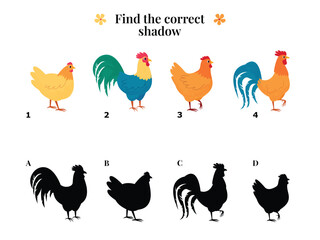 Children's educational game for matching chickens and roosters with their correct shadows. Vector illustration with cute cartoon poultry. Suitable for learning activities and worksheets.