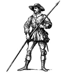 Obraz premium Vintage pikeman illustration historical medieval vector