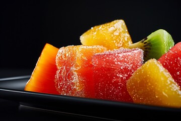 Telephoto macro of sugar crystals on a piece of candied fruit Glistening