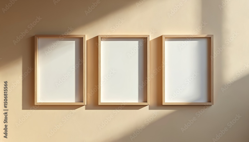 Poster three empty wooden frames hang on beige wall. modern stylish frames cast shadows. blank art or photo