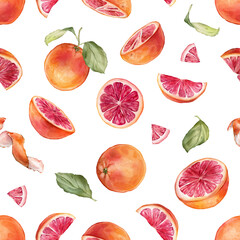 Seamless pattern with watercolor illustration of grapefruit or orange with white flowers. Hand painted print with citrus branch with green leaves for wrapping paper, textile design