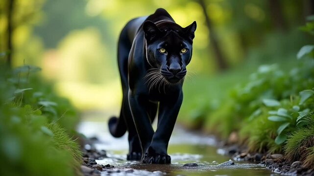 Single black panther walking slowly in small stream on forest background. Suitable for marketing or business purposes