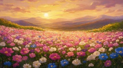 Serene Sunset Over a Vibrant Wildflower Meadow in Rolling Hills Landscape Painting