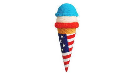 Patriotic Red, White, and Blue Ice Cream Cone with American Flag Wrapper – 4th of July Dessert (Transparent Background)

