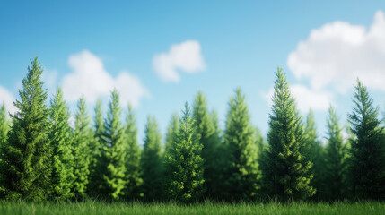 Fototapeta premium Vibrant taiga landscape featuring lush spruce trees under clear blue sky, evoking sense of tranquility and nature beauty