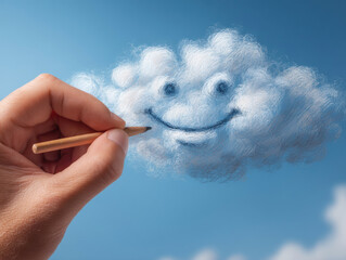 Creative hand painting a smiling cloud in a clear blue sky