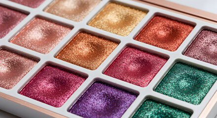 Close-up of a colorful eyeshadow palette with glittery pigments in pink, gold, bronze, purple, green, and red isolated on white background