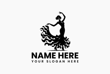 Stylish female dancer vector logo silhouette showcasing a dynamic pose and a flowing artistic dress design