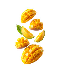Bright and vibrant image of sliced mango fruit pieces levitating in the air